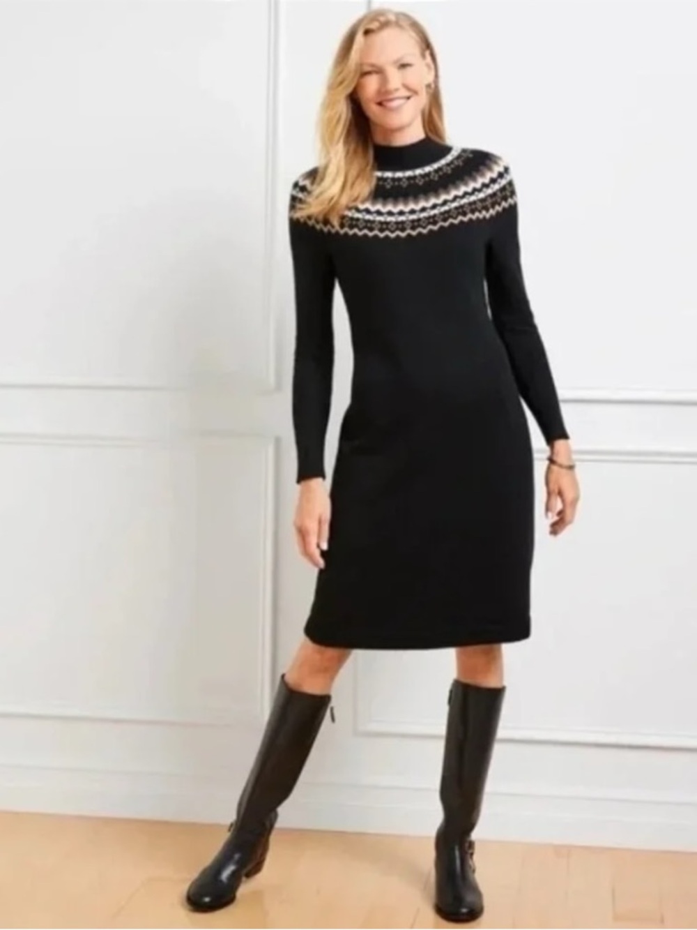 Talbots Fair Isle Sweater Dress M Black Mock Neck Nordic Apres Ski Holiday Knit